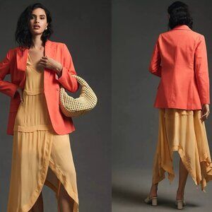 DOLAN ANTHROPOLOGIE linen blend double breasted boyfriend blazer in coral (M)